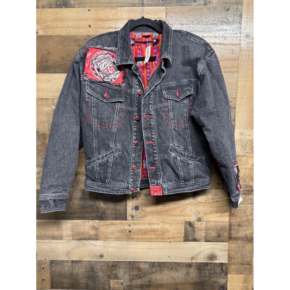 NWT 90's Vintage Brain Wash Major Damage Denim Jacket Black‎ DeadStock Size S-M